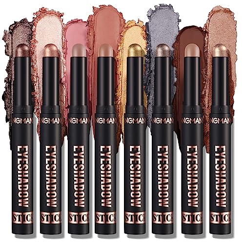 Domality 8 Farben Glitzer und Matte Lidschatten Stick Set, 8 Stück Metallic Lidschatten Buntstift, Lang Anhaltender Wasserfester Cremestift, Augen Makeup, Smudgeproof Highlighter & Contour Stick von Domality