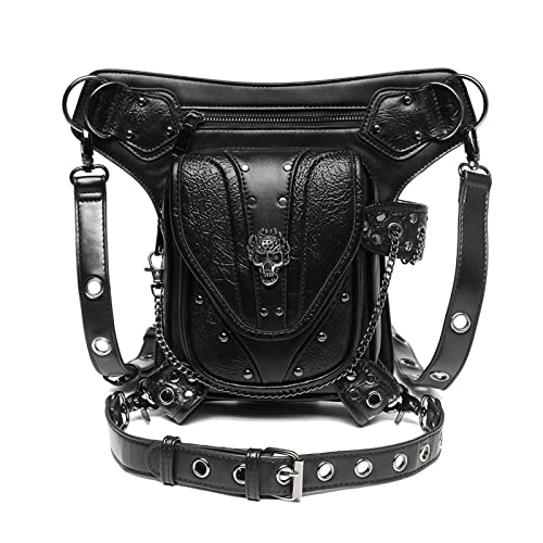 Steampunk Hüfttasche PU Motorrad Taille Umhängetasche Oberschenkel Tasche Bein Hüfttasche Tasche Reise Kette Kuriertasche Steampunk Hüfttasche für Damen, Schwarz von Domasvmd