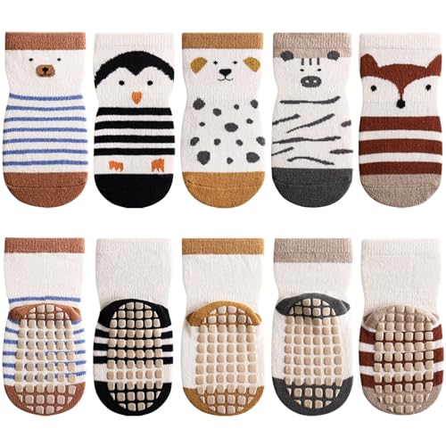 Domee Baby Stoppersocken Rutschsocken Anti-Rutsch ABS Baumwolle 5er-Pack Cartoon-Tiere 3-12 Monate (Herstellergröße S) von Domee