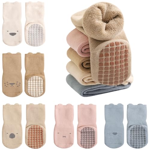 Domee Baby Stoppersocken ABS Antirutschsocken Frottee Winter Baumwolle 5er-Pack Süße Tiere 3-12 Monate (Herstellergröße S) von Domee