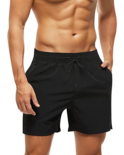 Domee Herren Badehose Boardshorts Hose Kurz mit Taschen Reißverschluss Sommer Schwarz XL von Domee