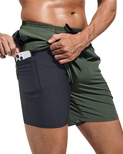 Domee Herren Badehose mit Kompression Liner Badeshorts mit Reißverschlusstasche Armeegrün (Kompression Liner) 2XL von Domee