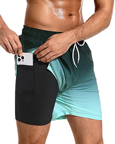 Domee Herren Badehose mit Kompression Liner Badeshorts mit Reißverschlusstasche Grüner Farbverlauf (Kompression Liner) L von Domee