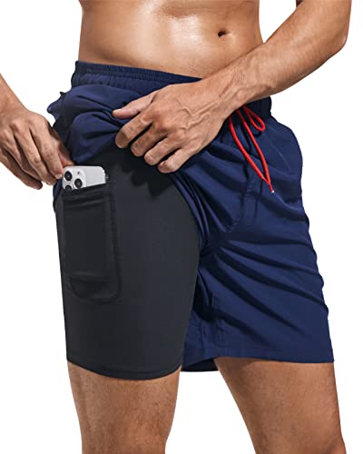 Domee Herren Badehose mit Kompression Liner Badeshorts mit Reißverschlusstasche Navy Blau (Kompression Liner) L von Domee