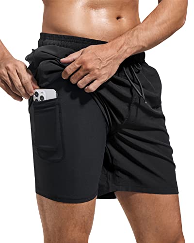 Domee Herren Badehose mit Kompression Liner Badeshorts mit Reißverschlusstasche Schwarz (Kompression Liner) XL von Domee