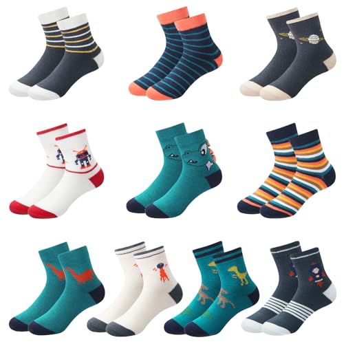 Domee Jungen Socken Kindersocken Strümpfe Baumwolle 10er-Pack Dinosaurier Raketen 24-26 (Herstellergröße M) von Domee