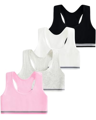 Domee Mädchen BHS Sport Bustier Baumwolle für 6-12 Jahre 4er-Pack Schwarz+Weiß+Grau+Rosa 8-10 Jahre (Herstellergröße M) von Domee