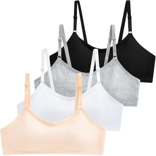Domee Mädchen BHS Sport Bustier Gepolsterte ohne bügel für 12-16 Jahre 4er-Pack Schwarz+Weiß+Grau+Hautfarben 12-16 Jahre von Domee