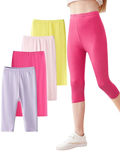 Domee Mädchen Capri Leggings 3/4 Hosen Sommerhose 4er-Pack 4er-Pack Rosa & Lila & Rosenrot & Gelb 116-122 (Herstellergröße 120) von Domee