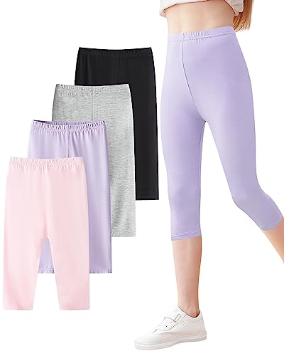 Domee Mädchen Capri Leggings 3/4 Hosen Sommerhose 4er-Pack 4er-Pack Schwarz & Grau & Rosa & Lila 116-122 (Herstellergröße 120) von Domee