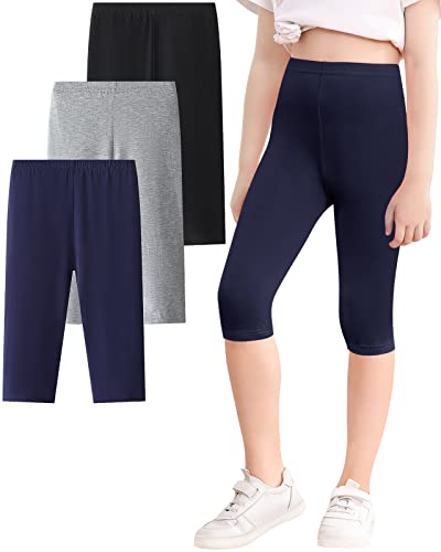 Domee Mädchen 3/4 Leggings Capri Leggings Caprihose Sommer Einfarbig 3er-Pack Schwarz + Marineblau + Hellgrau 128 (Herstellergröße 130) von Domee