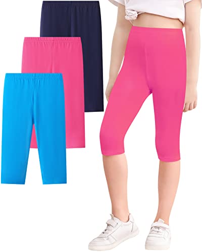 Domee Mädchen 3/4 Leggings Capri Leggings Caprihose Sommer Einfarbig 3er-Pack Seeblau + Rosenrot + Marineblau 152-158 (Herstellergröße 160) von Domee