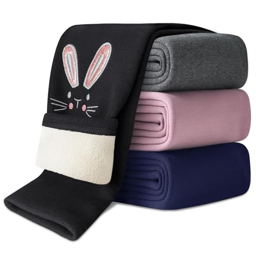 Domee Mädchen Leggings Gefüttert Thermohose Warme Winter Baumwolle Bestickter Hase Schwarz 92-98 (Herstellergröße 100) von Domee