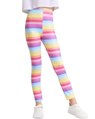 Domee Mädchen Leggings Lange Sporthose Gymnastik Turnhose Bunte Regenbogenstreifen 122-128 (Herstellergröße 130) von Domee