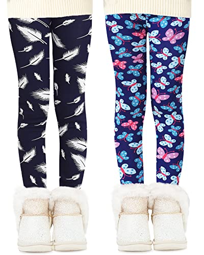 Domee Mädchen Thermo Leggings Gefütterte Hose Winter Warme 2er-Pack Schmetterling + Feder 110-116 (Herstellergröße 120) von Domee