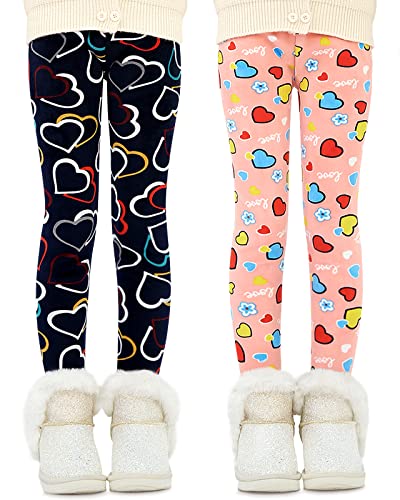 Domee Mädchen Leggings Gefüttert Thermoleggings Winter Warme Hosen 2er-Pack Herzdruck 140-146 (Herstellergröße 150) von Domee