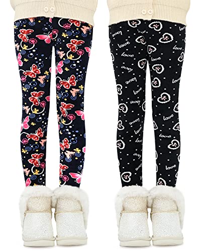 Domee Mädchen Leggings Gefüttert Thermoleggings Winter Warme Hosen 2er-Pack Schmetterlingsdruck 152-158 (Herstellergröße 160) von Domee