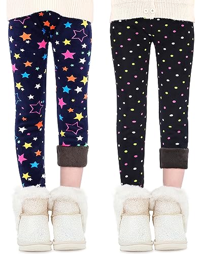 Domee Mädchen Leggings Gefüttert Thermoleggings Winter Warme Hosen 2er-Pack Sterne und Punkte 140-146 (Herstellergröße 150) von Domee