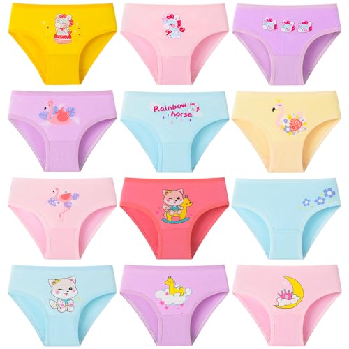 Domee Mädchen Unterhosen Unterwäsche Schlüpfer Pantys 12er-Pack für Kinder 98-140 Katze & Flamingo 98-104 (Hersteller S) von Domee