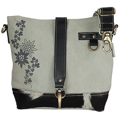 Domelo Damen Trachtentasche. Umhängetasche mit Edelweiß & Hopfenzweig Aufdruck. Graue Crossover Bag in Trachten Vintage- Retro Stil. von Domelo