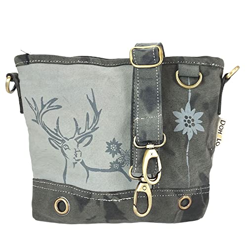 Domelo Damen Trachtentasche. Umhängetasche mit Hirsch & Edelweiß Aufdruck. Graue Crossover Bag in Vintage- Retro Stil. Vegane Schultertasche oder Crossbody Tasche von Domelo