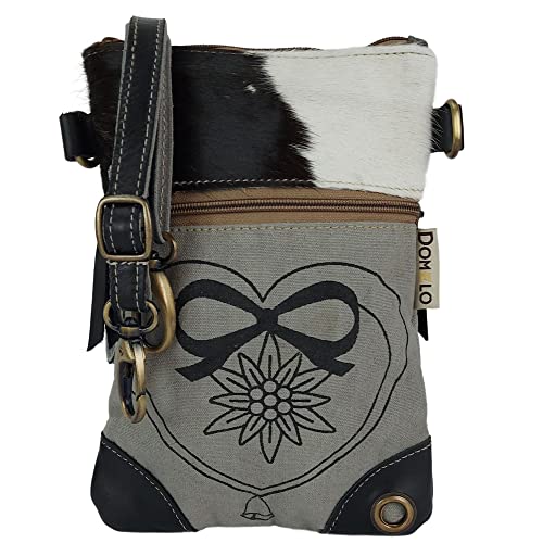 Domelo Dirndl Umhängetasche- Oktoberfest Trachtentasche. Tasche mit Edelweiß & Herz Design - Traditionelle Kleine Crossbody Bag aus Canvas & Kuhfell. Geschenke für Teenager Mädchen von Domelo