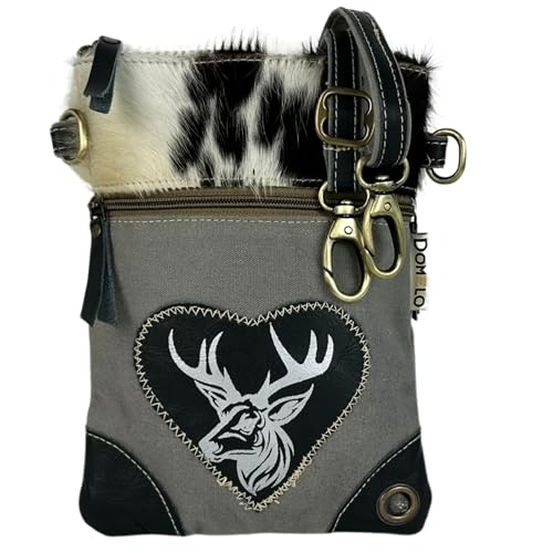 Domelo Dirndl Umhängetasche- Oktoberfest Trachtentasche. Tasche mit Hirsch & Herz Design - Traditionelle Kleine Crossbody Bag aus Canvas & Kuhfell. Geschenke für Teenager Mädchen von Domelo