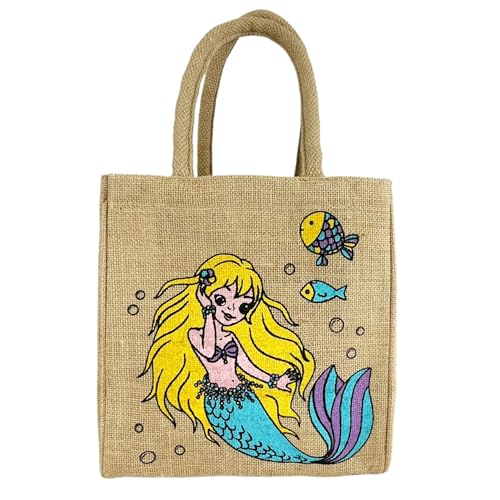 Domelo Kinder Handtasche vegane Jute Schultertasche kleine Mädchenhandtasche Jutetasche bedrückte Korb mit Meerjungfrau Mädchen Tragetasche Süße Kleinkinder Kindertasche Jutebeutel als Coole Geschenk von Domelo