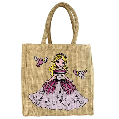 Domelo Kinder Handtasche vegane Jute Schultertasche kleine Mädchenhandtasche Jutetasche bedrückte Korb mit pink Prinzessin Mädchen Tragetasche Süße Kleinkinder Kindertasche Jutebeutel Coole Geschenk von Domelo