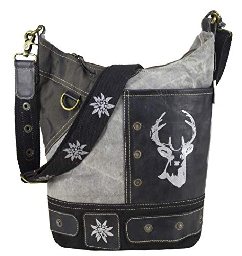 Domelo Damen Hobo Trachtentasche. Canvas Umhängetasche in Vintage Stil. Große Schultertasche mit Trachtenmotiv. Oktoberfest Tasche Hirsch Aufdruck von Domelo