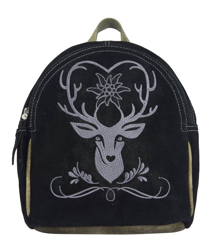 Domelo Trachtentasche Leder Trachten Rucksack Backpack Cityrucksack besticket, Leder Rucksack mit Trachtenmotive Stickerei, Reh Motiv. von Domelo