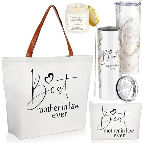 Domensi Geschenk-Set für Schwiegermutter, Aufschrift "Best Mother in Law Ever", Marmorschild, Becher, Geschenktasche, Make-up-Tasche, Schwiegermutter, Duftkerzen, Muttertag von Tochter und Sohn, Weiß, von Domensi