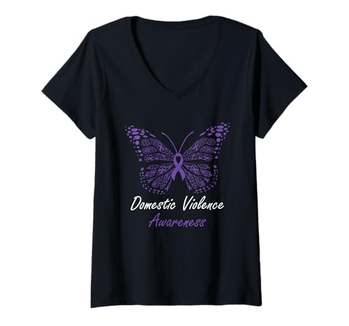 Damen Violettes Schmetterlingsband für häusliche Gewalt T-Shirt mit V-Ausschnitt von Domestic Violence Support Designs