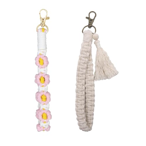 2 Stück Schlüsselanhänger Band, Boho Geflochtener Makramee Schlüsselanhänger Handgefertigter Kurzer Schlüsselband Quaste Anhänger für Autoschlüssel Handys Verwendet Werden Handgelenk Geschenk von Domicubes
