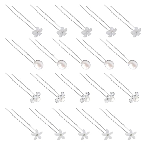 20 Stücke Haarschmuck Braut, Perlen Haarnadeln mit Kristall Strass Stein U-förmig Haarnadel Haarschmuck Hochzeit Silber für Damen Mädchen Hochzeit Party Abschlussball Brautjungfern Blumenmädchen von Domicubes