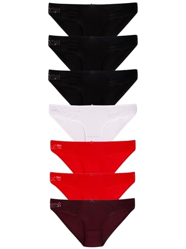 Dominant Women's Essentials Damen Slips, 7er Pack, 95% Baumwolle Unterwäsche mit Spitze, Schwarz-Rosa-Weiß-Bordeaux-Rot (DE/NL/SE/PL, Alphanumerisch, L, Regular, Regular, Schwarz-Bordeux-Rot) von Dominant Women's Essentials