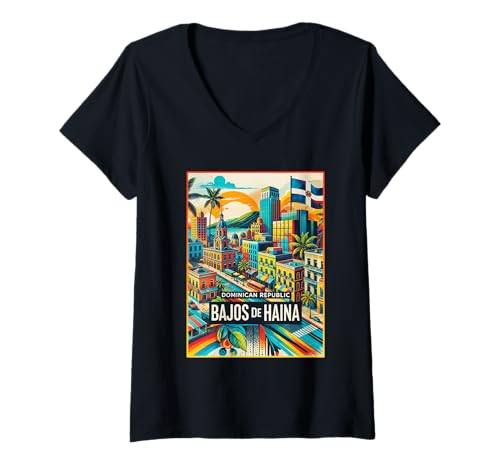 Damen Bajos De Haina Dominikanische Republik Familienausflug Retro Stadt T-Shirt mit V-Ausschnitt Damen Bajos De Haina Dominikanische Republik Familienausflug Retro Stadt T-Shirt mit V-Ausschnitt von Dominican Republic Vacation Apparel Souvenir Gifts
