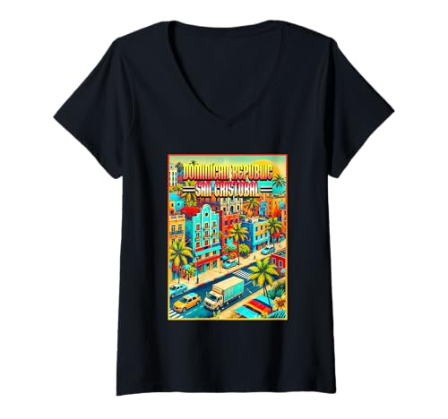 Damen San Cristobal Dominikanische Republik Familienausflug Cool Retro City T-Shirt mit V-Ausschnitt von Dominican Republic Vacation Apparel Souvenir Gifts