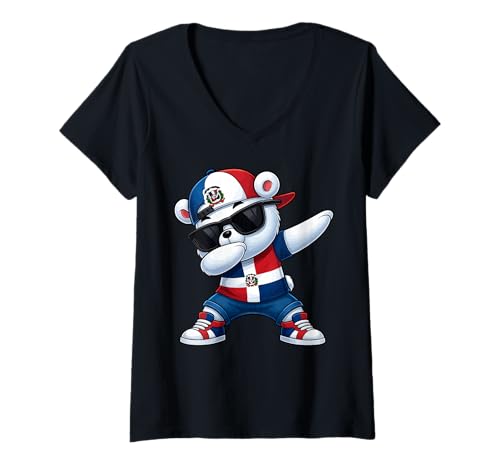 Damen Dominikanischer Bär Patriotisch Dabbing Jungen Kinder 2025 T-Shirt mit V-Ausschnitt von Dominikanischer Bär Kinder DR Stolz Patriotisch
