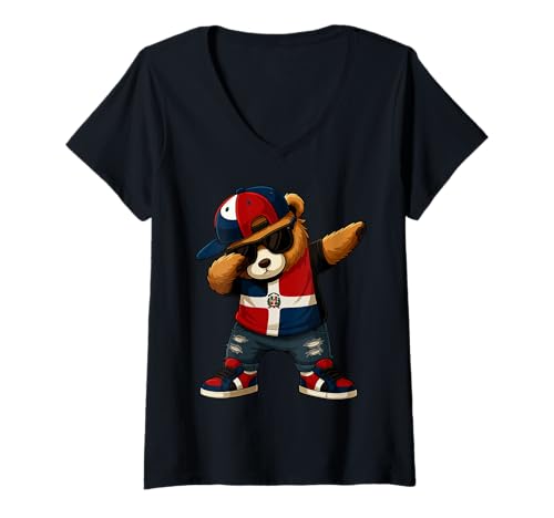 Damen Dominikanischer Bär Patriotisch Dabbing Jungen Kinder 2025 T-Shirt mit V-Ausschnitt Damen Dominikanischer Bär Patriotisch Dabbing Jungen Kinder 2025 T-Shirt mit V-Ausschnitt von Dominikanischer Bär Kinder DR Stolz Patriotisch