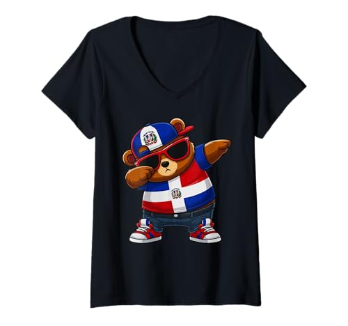 Damen Dominikanischer Bär Patriotisch Dabbing Jungen Kinder 2025 T-Shirt mit V-Ausschnitt Damen Dominikanischer Bär Patriotisch Dabbing Jungen Kinder 2025 T-Shirt mit V-Ausschnitt von Dominikanischer Bär Kinder DR Stolz Patriotisch
