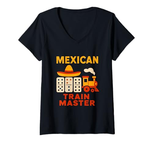 Damen Mexikanischer Zugmeister Domino-Spieler Dominostein-Liebhaber Legespiel T-Shirt mit V-Ausschnitt Damen Mexikanischer Zugmeister Domino-Spieler Dominostein-Liebhaber Legespiel T-Shirt mit V-Ausschnitt von Dominoes Lover Apparel Co.