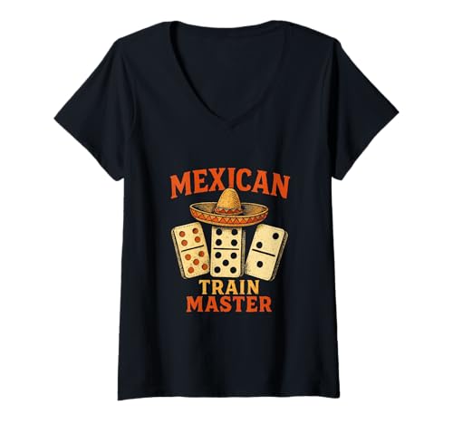 Damen Mexikanischer Zugmeister Domino-Spieler Dominostein-Liebhaber Legespiel T-Shirt mit V-Ausschnitt Damen Mexikanischer Zugmeister Domino-Spieler Dominostein-Liebhaber Legespiel T-Shirt mit V-Ausschnitt von Dominoes Lover Apparel Co.