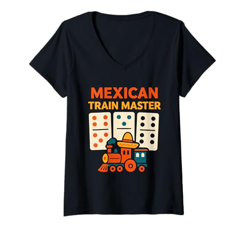 Damen Mexikanischer Zugmeister Domino-Spieler Dominostein-Liebhaber Legespiel T-Shirt mit V-Ausschnitt Damen Mexikanischer Zugmeister Domino-Spieler Dominostein-Liebhaber Legespiel T-Shirt mit V-Ausschnitt von Dominoes Lover Apparel Co.