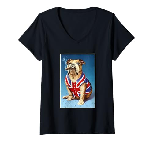 Damen Coole englische Bulldogge in Union Jack-Flagge, Weste, lustig, Retro T-Shirt mit V-Ausschnitt von Dominus’s Design