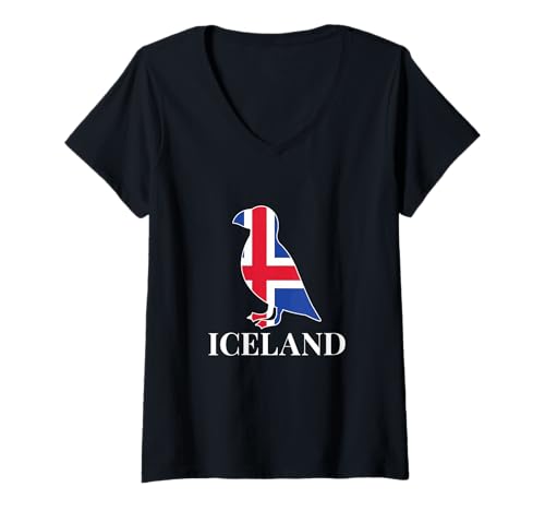 Damen Isländische Flagge in einem Papageientaucher-Vogel Island Reykjavik T-Shirt mit V-Ausschnitt von Dominus’s Design