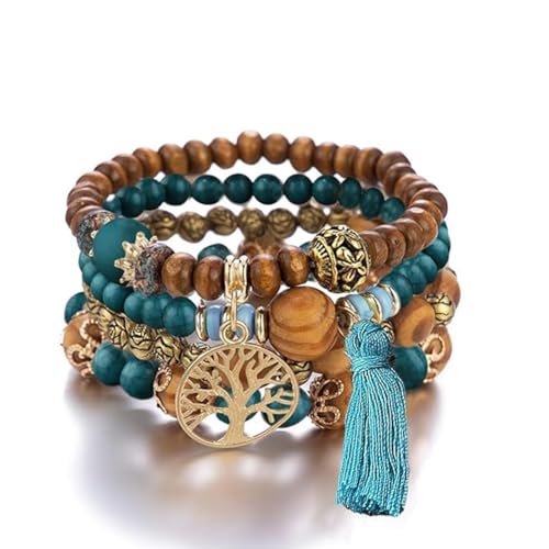 Boho Holz Perlen Armbänder für Frauen, 4 Stück Elastische Quaste Armband für Festival Outfit Baum des Lebens Charm, Einheitsgröße, Holzperlen, Kein Edelstein von DomoJoy