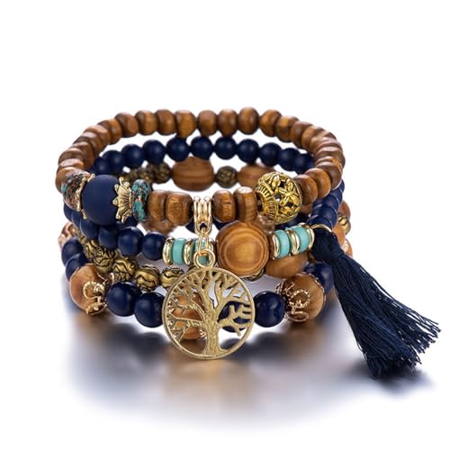 Boho Holz Perlen Armbänder für Frauen, 4 Stück Elastische Quaste Armband für Festival Outfit Baum des Lebens Charm, Einheitsgröße, Holzperlen, Kein Edelstein von DomoJoy