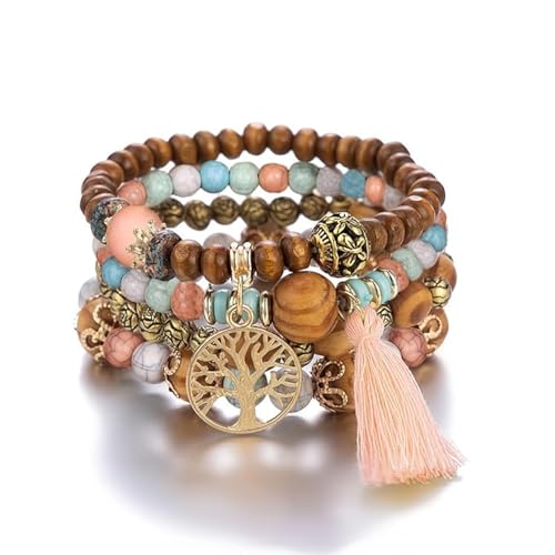 Boho Holz Perlen Armbänder für Frauen, 4 Stück Elastische Quaste Armband für Festival Outfit Baum des Lebens Charm, Einheitsgröße, Holzperlen, Kein Edelstein Boho Holz Perlen Armbänder für Frauen, 4 Stück Elastische Quaste Armband für Festival Outfit Baum des Lebens Charm, Einheitsgröße, Holzperlen, Kein Edelstein von DomoJoy