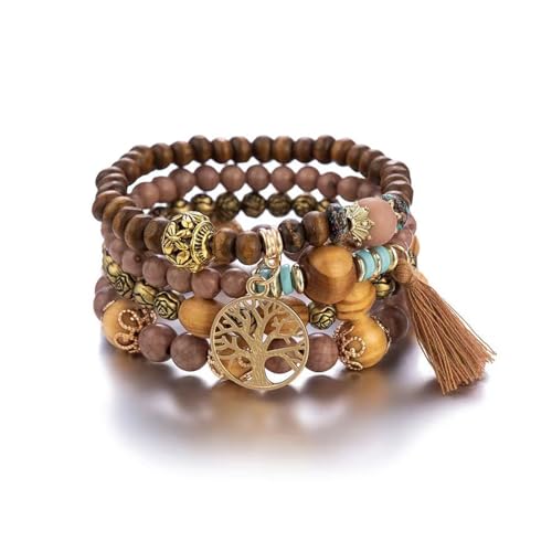 Boho Holz Perlen Armbänder für Frauen, 4 Stück Elastische Quaste Armband für Festival Outfit Baum des Lebens Charm, Einheitsgröße, Holzperlen, Kein Edelstein Boho Holz Perlen Armbänder für Frauen, 4 Stück Elastische Quaste Armband für Festival Outfit Baum des Lebens Charm, Einheitsgröße, Holzperlen, Kein Edelstein von DomoJoy